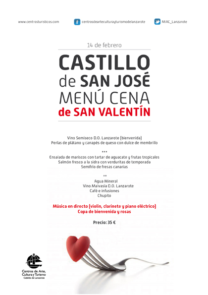 Menu para la noche de San Valentin en el Castillo de San José, Arrecife, Lanzarote