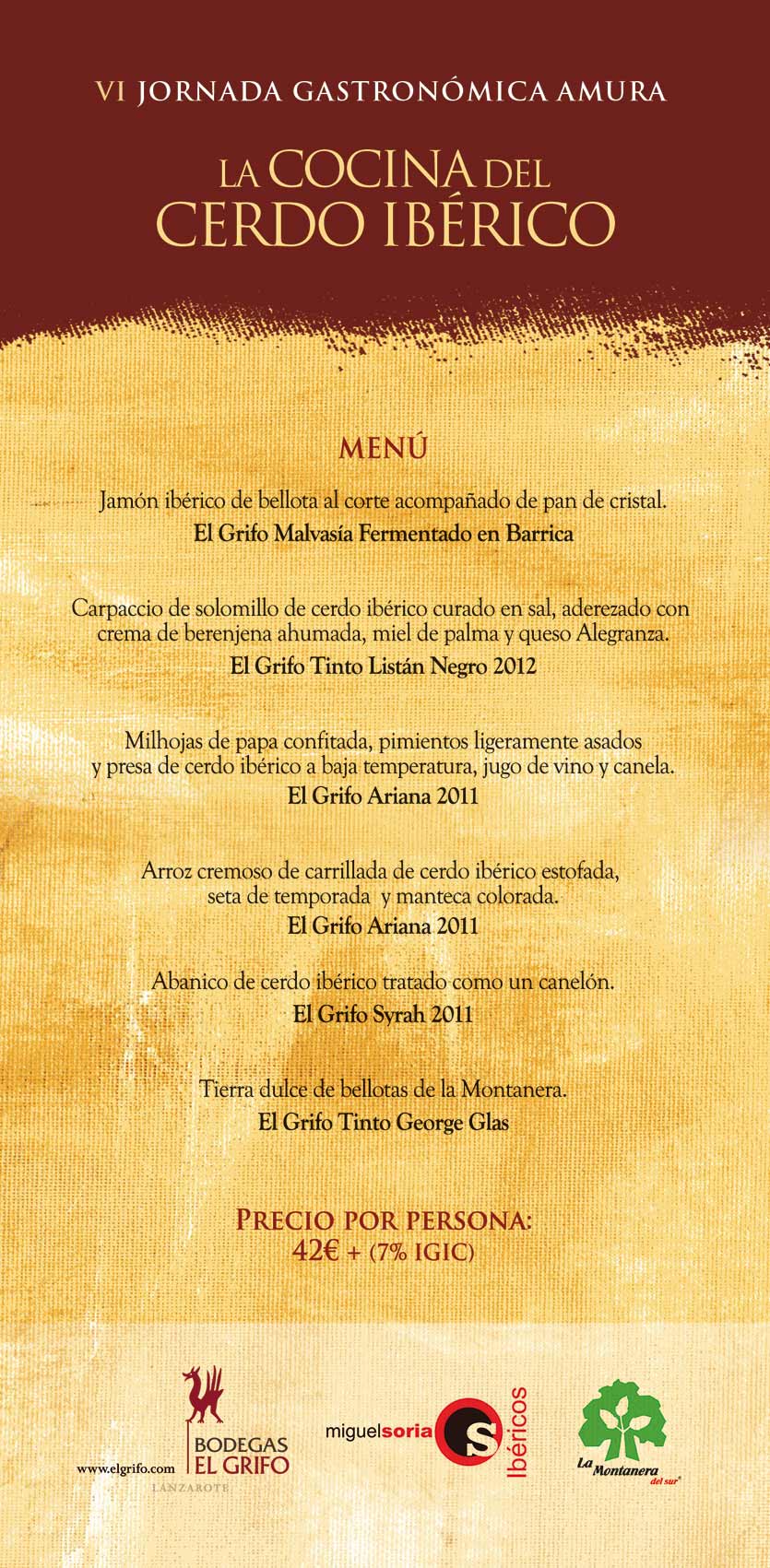 Menu VI Jornadas Gastronómicas del Cerdo Ibérico en Restaurante Amura, Puerto Calero, Lanzarote