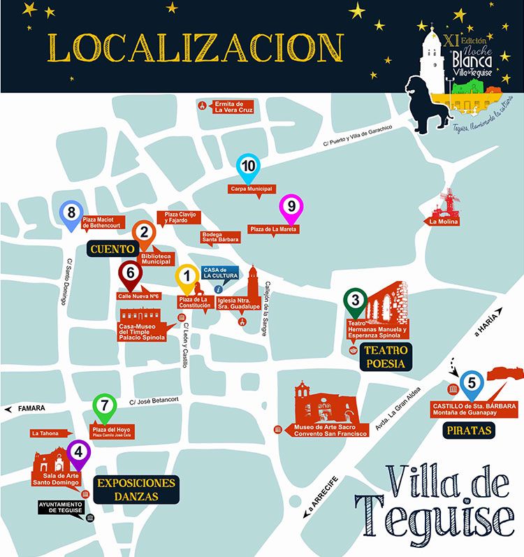 Mapa de localización de Actividades y Conciertos de la Noche Blanca Teguise 2023