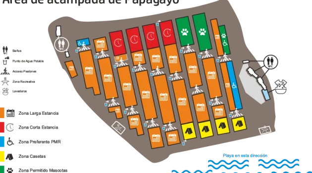 Servicios y zonas del area de acampada de Papagayo verano 2024