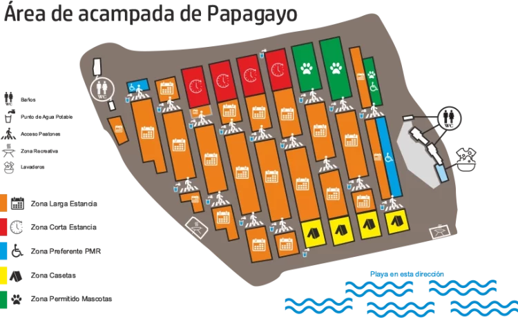 Servicios y zonas del area de acampada de Papagayo verano 2024