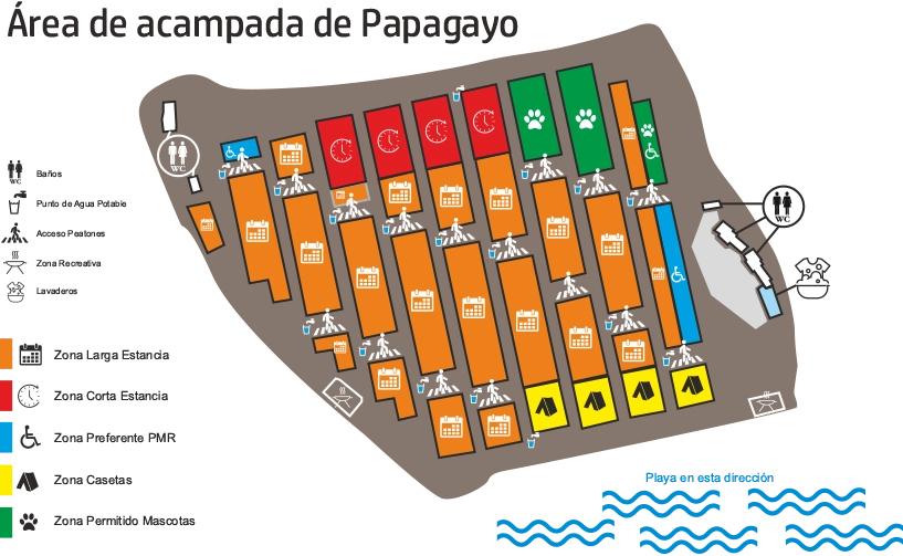 Servicios y zonas del area de acampada de Papagayo verano 2024