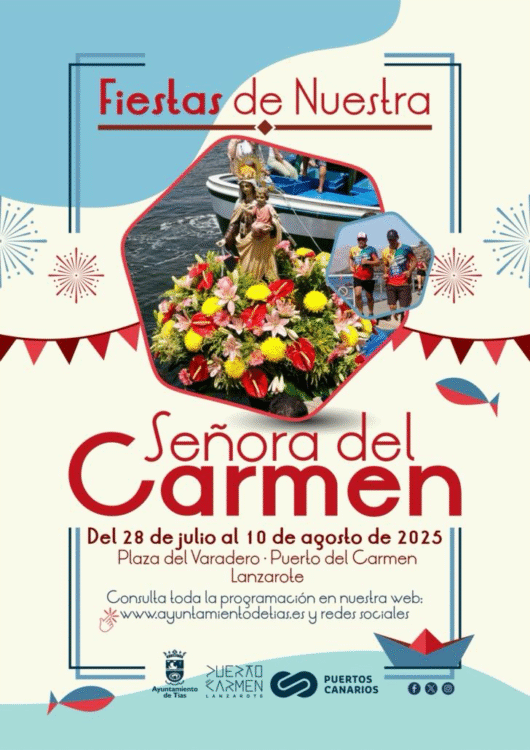Official poster for the 2025 Fiestas de Nuestra Señora del Carmen in Puerto del Carmen, featuring images of the procession, jolateros, and fireworks.