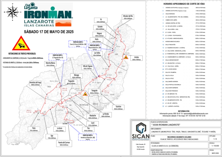 Cortes de carreteras sábado, 17 de mayo, por el Ironman Lanzarote 2025