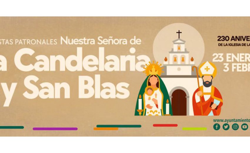 Cartel oficial de las Fiestas de La Candelaria y San Blas 2026 en Tías, Lanzarote, con ilustración de la Virgen, San Blas y la iglesia parroquial