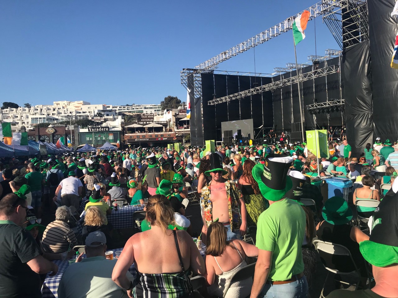 Crowds celebrating the St. Patrick's Festival at Plaza del Varadero, Puerto del Carmen 2026