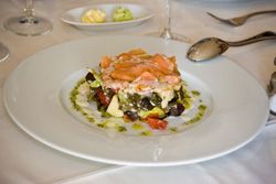 Salmon salad, appetizers at Aromas Yaiza Restaurant of Playa Blanca, Lanzarote