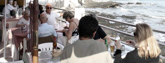 Terrace of El Amanecer restaurant, Arrieta, Lanzarote, specializing in fresh fish